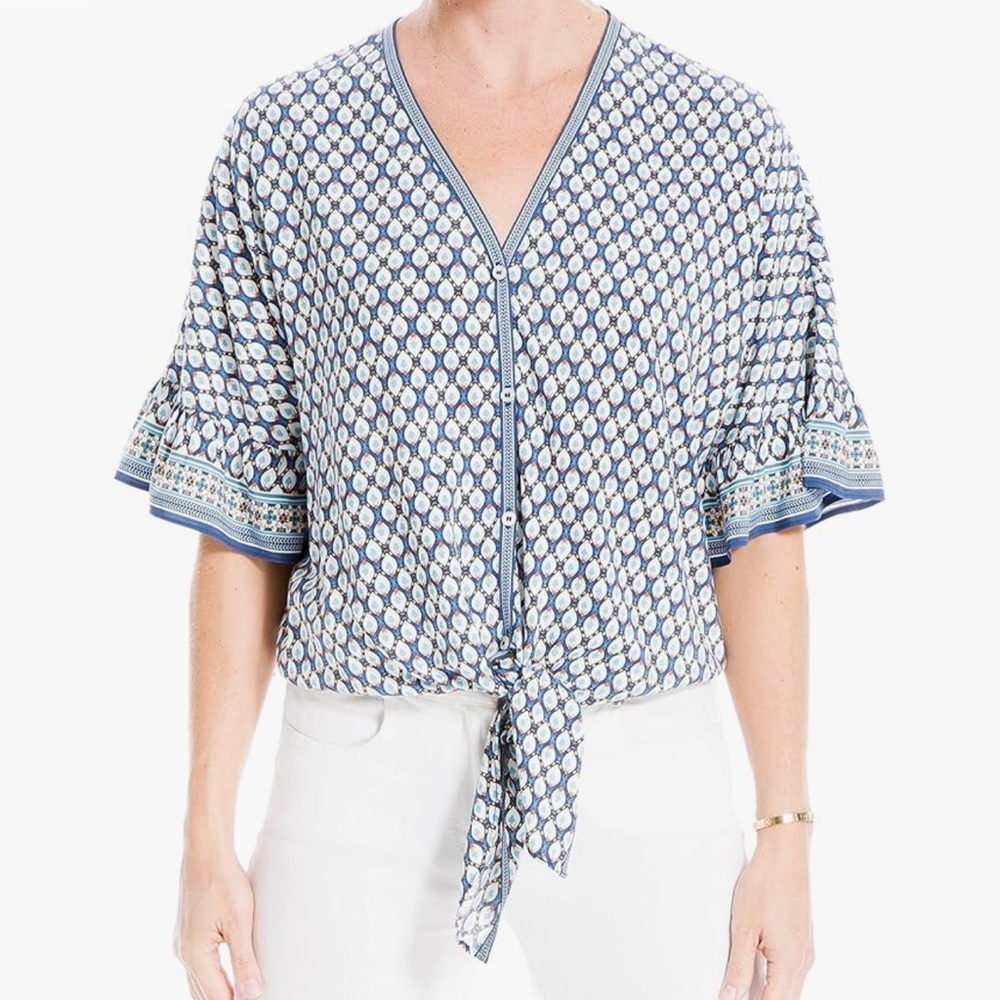 Max Studio blue print v cleavage lightweight ruffle short sleeves tie front top